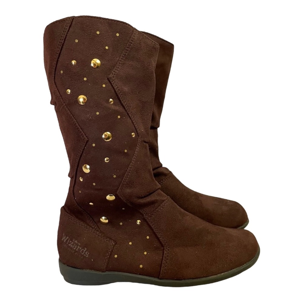 Disney WIZARDS of WAVERLY Place Brown Boots Girls 12.5 Fabric Gold Studs Y2K
